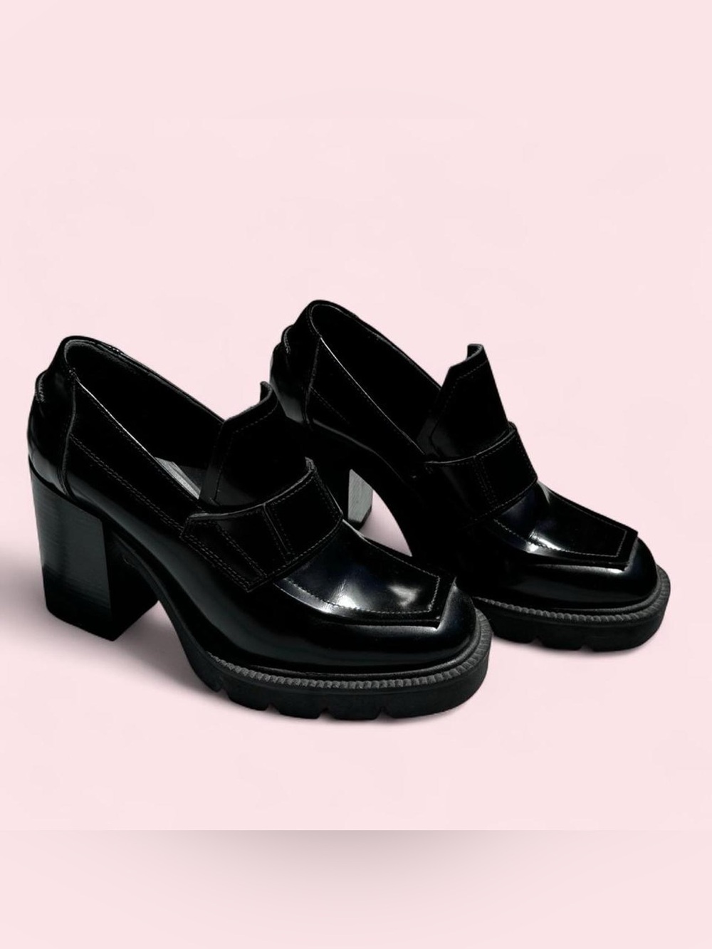 Black Chunky Heel Loafers for Women